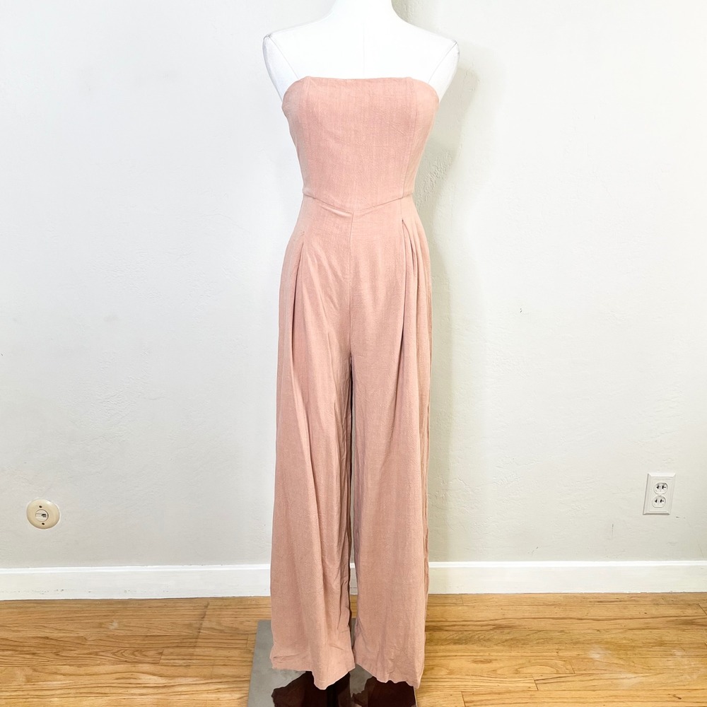 Lulus Jumpsuit Strapless Wide Leg Size XS Brown Linen Blend Pleated Breezy